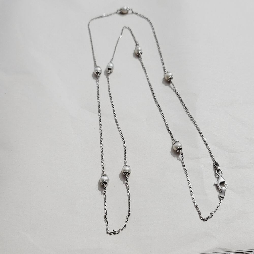 Sterling Silver Pearl Station Necklace 36"